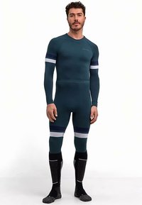 Langärmeliger Neoprenanzug in tiefem Petrol mit marineblauen und weißen Streifenakzenten. Figurbetontes Design, glatte Textur, mit verstärkten Kniebereichen und Socken.