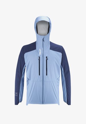 Homme portant une veste à capuche bicolore bleu clair et bleu foncé, vu de dos avec les bras détendus le long du corps.