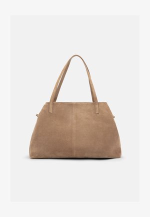 Geantă mare de umăr din piele întoarsă bej cu două bretele și un design simplu, fără ornamente, pe un fundal deschis.