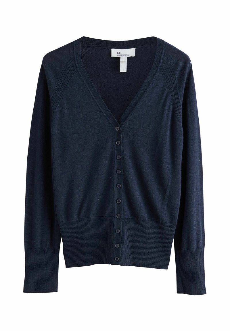 Marineblauer Cardigan, V-Ausschnitt-Design, gerippte Bündchen und Saum, Knopfverschluss vorne, weicher Strickstoff, klassischer Schnitt, lange Ärmel.