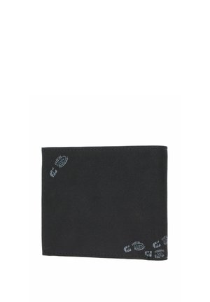 Portefeuille noir bifold avec petits motifs d'empreintes de bottes grises en haut à gauche et en bas à droite.