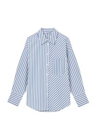 Chemise à boutons avec un motif rayé bleu et blanc, dotée d'un col classique et d'une poche poitrine. Manches longues, ourlet arrondi.