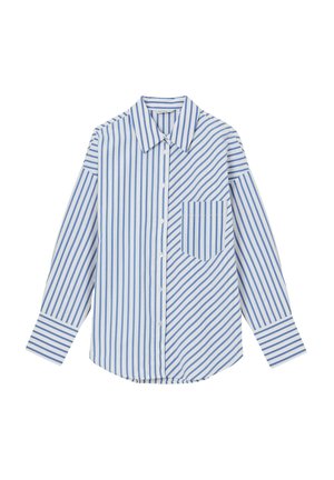 Camicia button-up con una fantasia a strisce blu e bianche, caratterizzata da un colletto classico e una tasca sul petto. Maniche lunghe, orlo arrotondato.
