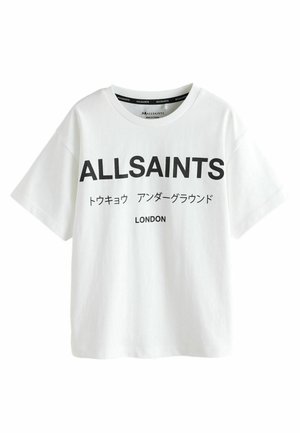 White cotton t-shirt with short sleeves, featuring bold black text: "ALLSAINTS" and "LONDON," along with additional text in Japanese.
