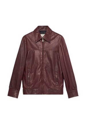 Burgundy leather jacket with a collared neckline, zip closure, and two front pockets; features a smooth texture and fitted sleeves.