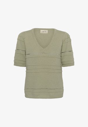 Vaaleanvihreä neulottu pusero, jossa on lyhyet hihat, V-aukko ja vaakasuorat resorikuvioinnit. Saumoissa on avoimen neuleen kuvioita.