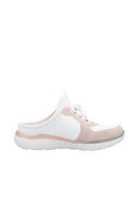 White and pale pink athletic shoe with a suede accent, rounded shape, lace-up design, textured rubber sole, and a slip-on style.