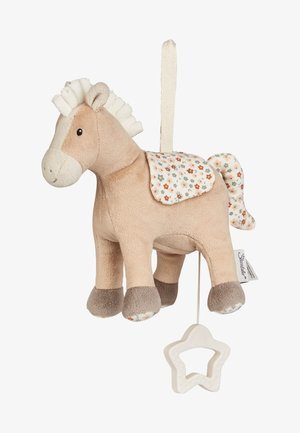 Stuffed horse in beige fabric with floral-patterned saddle and star-shaped pull toy. Features soft texture and contrasting gray hooves.