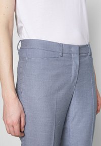 Blauwe en witte geblokte broeken met een slim-fit, voorzien van riemlussen, zijzakken en een gladde textuur. Gestyled met een lichte top.