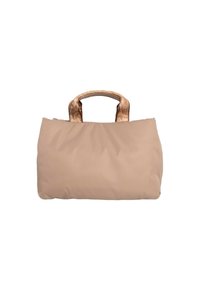 Borsa a spalla beige realizzata in materiale morbido, caratterizzata da una forma strutturata e manici marroni chiari texturizzati. Superficie liscia, design minimalista.
