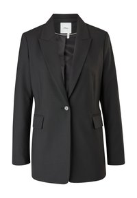 Blazer noir cintré à un seul bouton avec revers crantés, poches à rabat et manches longues, présenté sur fond blanc.