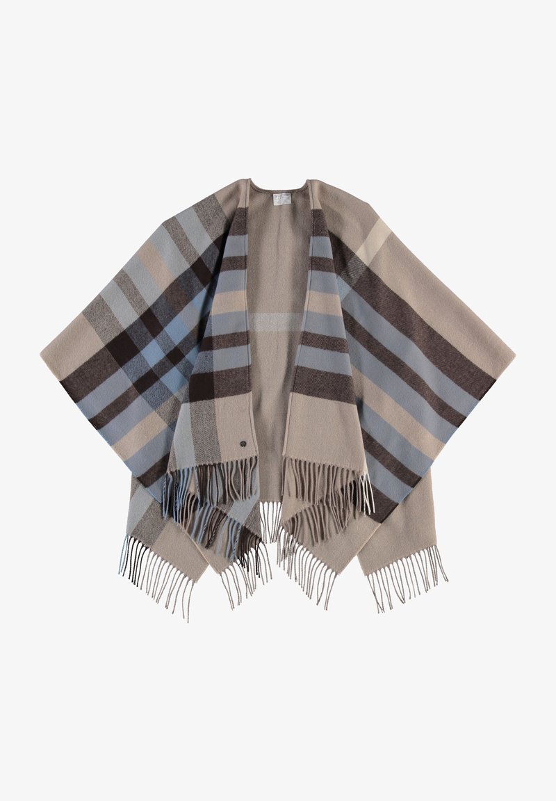Poncho doux tissé avec un motif à carreaux beige, marron et bleu, devant ouvert et ourlet à franges, posé à plat sur fond blanc.