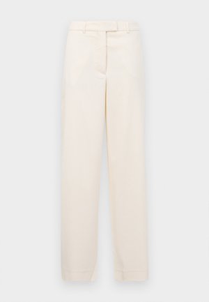 Beige broek met een rechte pijp, gemaakt van een gladde stof. Voorzien van een tailleband met riemlussen en een ritssluiting aan de voorkant.