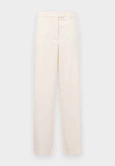 Pantaloni beige con design a gamba dritta, realizzati in un tessuto liscio. Presentano una vita con passanti per cintura e una chiusura frontale con zip.