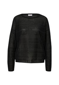 Pull noir à manches longues et coupe ample, confectionné dans un tissu transparent texturé avec de subtiles rayures horizontales et un col rond.