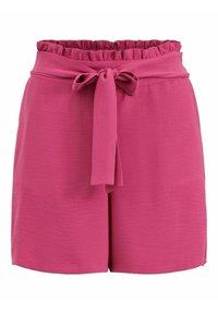 Růžové kraťasy s volánovým pasem, s vázacím páskem. Vyrobeno z měkké, lehké látky s volným střihem a hladkým povrchem.