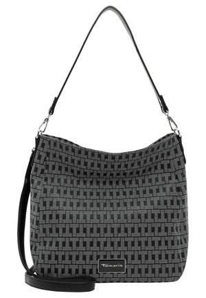 Zwart en grijs patroon schoudertas met afneembare zwarte riem en "Tamaris" logo bordje aan de voorkant.