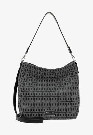 Bolso de hombro con patrón en negro y gris, con correa negra desmontable y placa con el logo "Tamaris" en el frente.