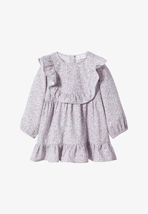 Robe florale violet clair avec manches longues, col à volants et ourlet à étages. Fabriquée en tissu doux avec une texture subtile.