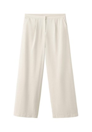 Pantalones de pierna ancha en color crema con cintura alta, pinzas delanteras, bolsillos laterales y cierre frontal oculto.