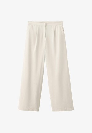 Pantalon crème à jambes larges, taille haute, plis devant, poches latérales et fermeture avant dissimulée.
