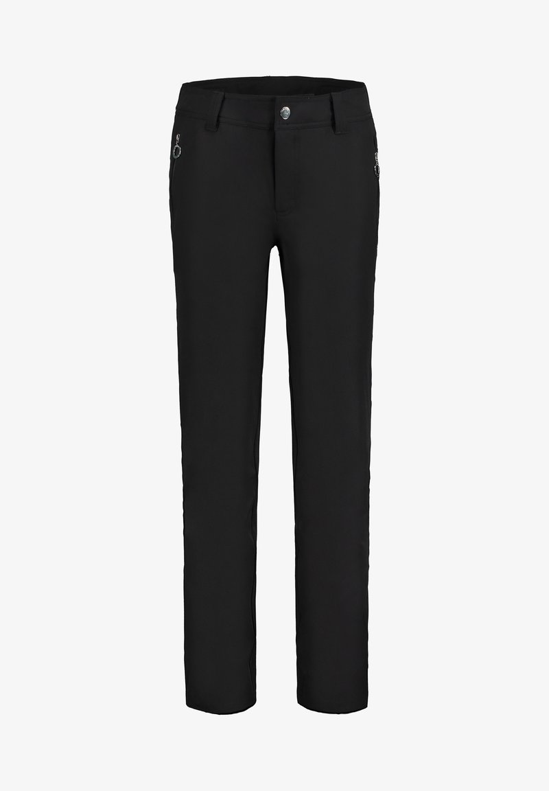 Pantalon noir à jambes droites avec passants pour ceinture, fermeture à boutons sur le devant et poches latérales zippées.