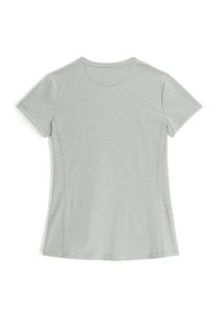 Hellgrau T-Shirt mit kurzen Ärmeln und Rundhalsausschnitt, glatter Textur und subtilen Nahtdetails an den Seiten und am Saum.