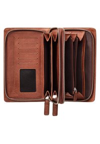 Brown leather wallet with zip closure, multiple card slots, divided compartments, and a mesh ID window. Interior has a smooth texture.