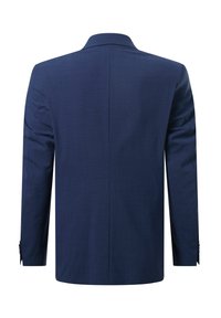 Marineblaues Sakko von hinten gesehen, mit einem schmalen Revers und langen Ärmeln, aus strukturiertem Stoff mit modernem Schnitt.