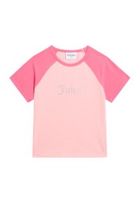 Korte mouwen, roze katoenen T-shirt met raglanmouwen. Heeft "Juicy" in rhinestones over de voorkant. Zachte textuur, casual pasvorm.