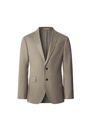 Lichtbruine blazer gemaakt van een gestructureerde stof. Beschikt over een reverskraag, twee knopen, twee voorkruiszakken en een getailleerde pasvorm.