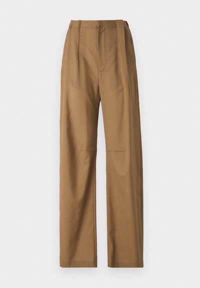Brown high-waisted trousers made of smooth fabric, featuring a straight leg design, front pleats, and minimalist stitching details.