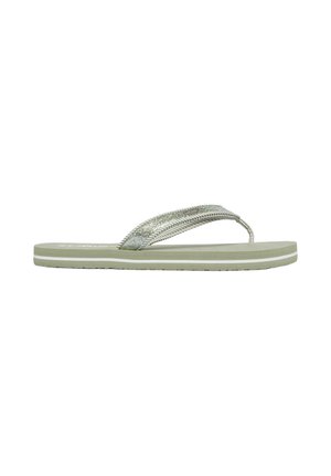 Flache hellgrüne Flip-Flop-Sandale mit einem strukturierten Riemen im Fischgrätmuster und einem weißen Streifen am Rand der Sohle.