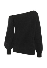 Sort, oversized sweater med en off-shoulder design. Har puffede ærmer og ribbede manchetter, struktureret stof. Ingen synlige mønstre eller accenter.