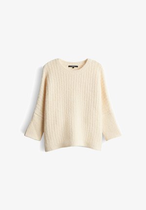 Cremefarbener Pullover mit einer strukturierten, gerippten Musterung, weiten Dreiviertelärmeln und einem runden Ausschnitt. Weicher, gemütlicher Stoff.