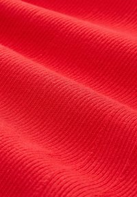 Texturiertes rotes Gewebe mit einem gerillten Muster, das sanfte Wellen und subtile Tiefen zeigt. Helle Farbe mit einem weichen, warmen Erscheinungsbild.