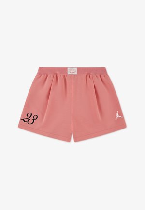 Rožinės šortai iš minkštos medžiagos, su klostėmis, baltu Jordan logotipu ir juodu skaičiumi „23“ kairėje pusėje.
