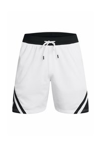 Hvide atletikshorts i et åndbart meshstof. Sort talje og sidelister med kontrasterende sorte og hvide diagonale striber.