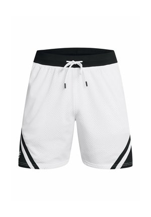Witte sportshorts van ademend mesh-stof. Zwarte tailleband en zijaccenten, met contrasterende zwarte en witte diagonale strepen.