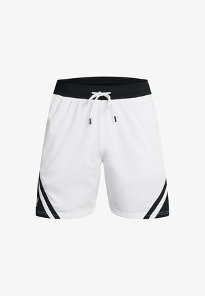 Witte sportshorts van ademend mesh-stof. Zwarte tailleband en zijaccenten, met contrasterende zwarte en witte diagonale strepen.