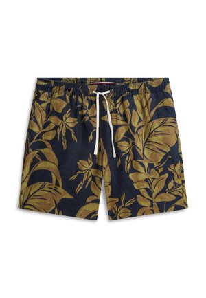 Tengerészkék rövidnadrág nagy barna trópusi levélmintával, elasztikus derékrésszel és fehér húzózsinórral a középen elöl.