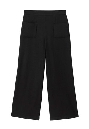 Pantalons noirs à jambes larges en tissu lisse, dotés de deux poches arrière et d'une taille épurée et bien ajustée.