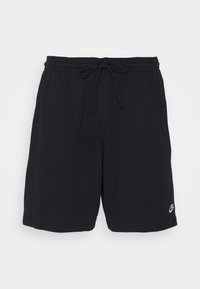 Black athletic shorts made of cotton blend fabric, featuring an elastic waistband with drawstring and a small logo on the lower leg.
