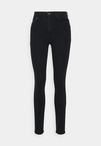 Calças skinny pretas feitas de denim, com uma cintura alta, cinco bolsos e um fecho frontal com botão. Ajuste slim com design até ao tornozelo.