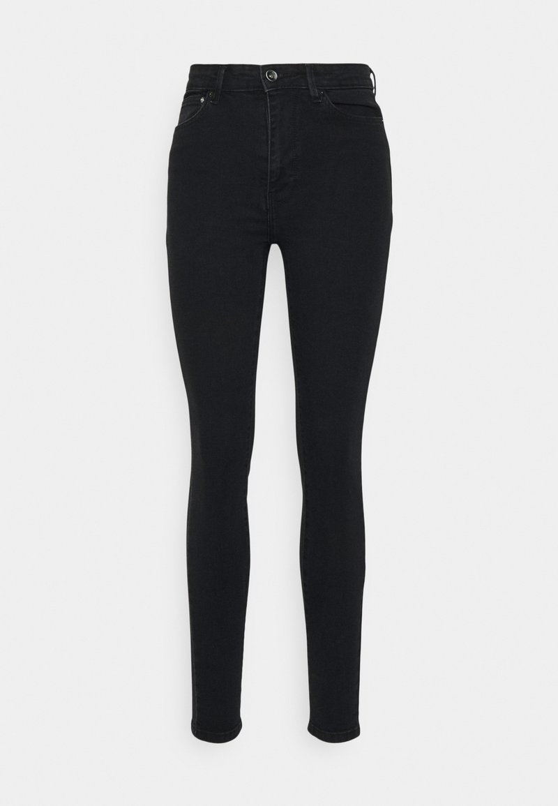 Calças skinny pretas feitas de denim, com uma cintura alta, cinco bolsos e um fecho frontal com botão. Ajuste slim com design até ao tornozelo.