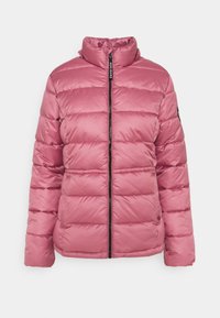 Chaqueta de plumas rosa claro con cuello alto, cierre de cremallera en la parte frontal y secciones acolchadas horizontales. Presenta un parche con el logo en la manga. Textura suave.
