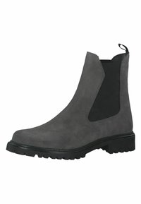 Stivale Chelsea in suede grigio con pannelli laterali elastici neri, suola testurizzata e linguetta. Presenta una punta arrotondata e dettagli cuciti lungo la suola.