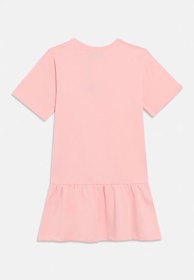 Φόρεμα με κοντά μανίκια από βαμβάκι σε ανοιχτό ροζ χρώμα, με φραμπαλά κέντημα στο τελείωμα, κλασικό στρογγυλό λαιμόκοψη και λεία υφή.
