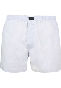 Blauw-wit geruite herenboxers met een elastische tailleband en een opening aan de voorkant. Gemaakt van lichtgewicht katoenen stof, met een comfortabele, losse pasvorm.