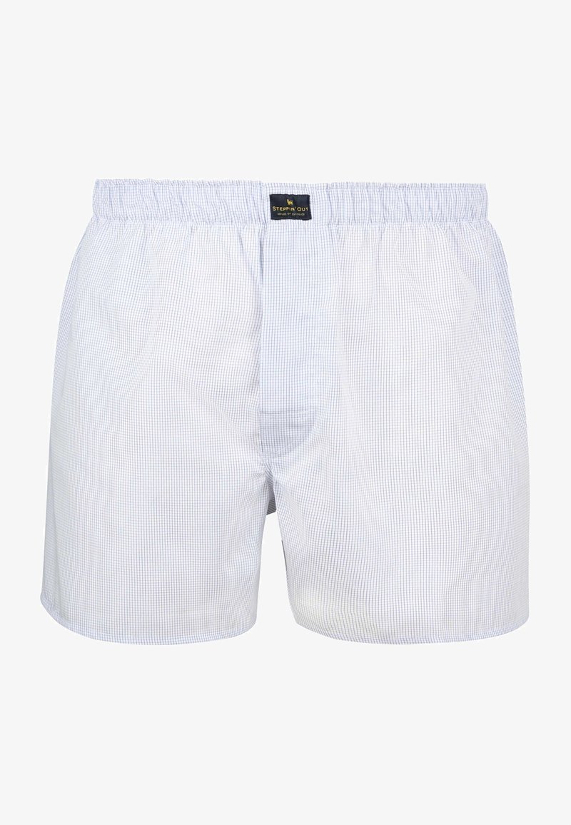 Blauw-wit geruite herenboxers met een elastische tailleband en een opening aan de voorkant. Gemaakt van lichtgewicht katoenen stof, met een comfortabele, losse pasvorm.